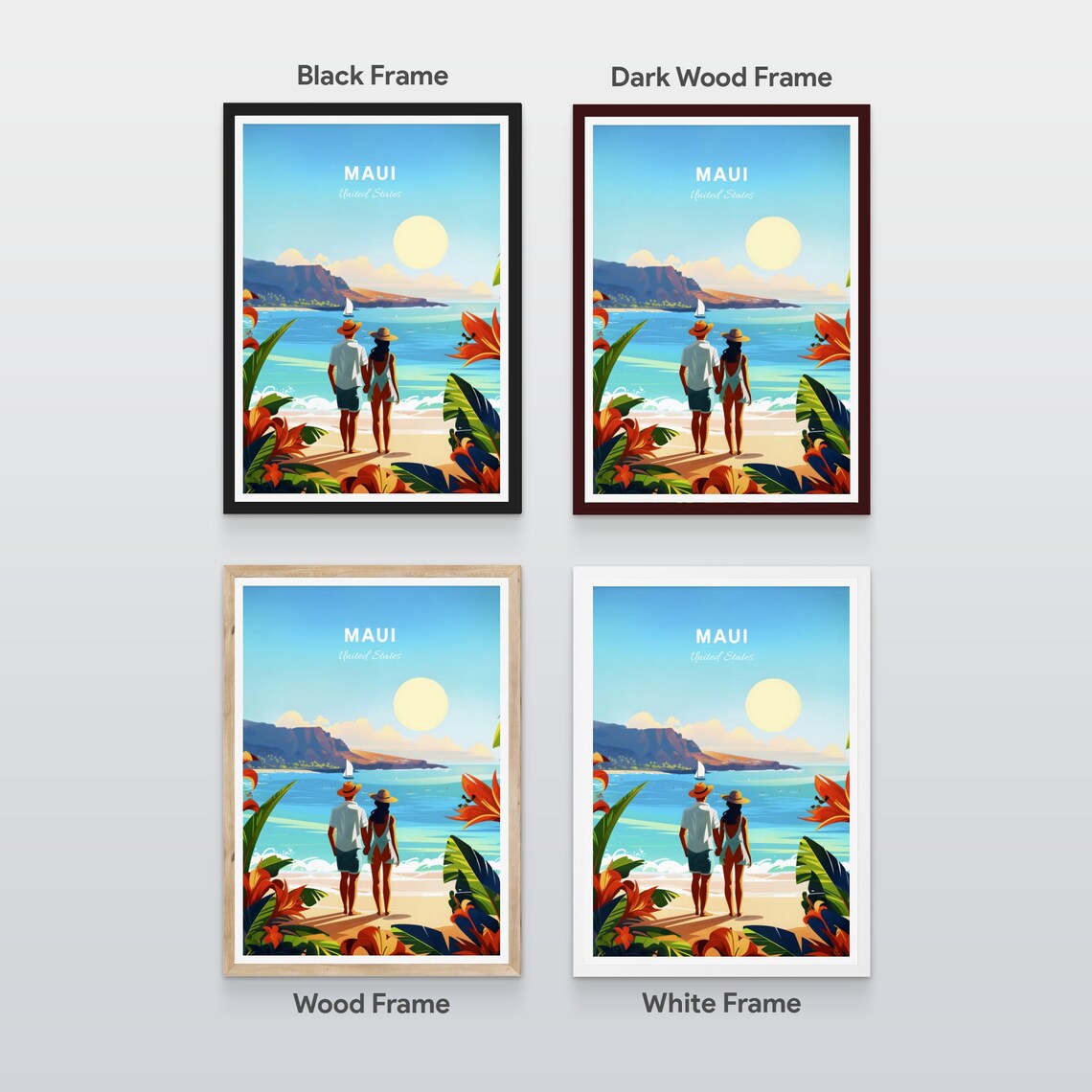 Maui Hawaii Beach Couple Romantic Tropical Sunset Travel Poster Art - Image 2