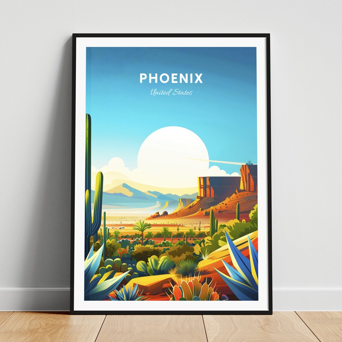 Phoenix Arizona Desert Valley Mesas Saguaro Cactus Travel Poster