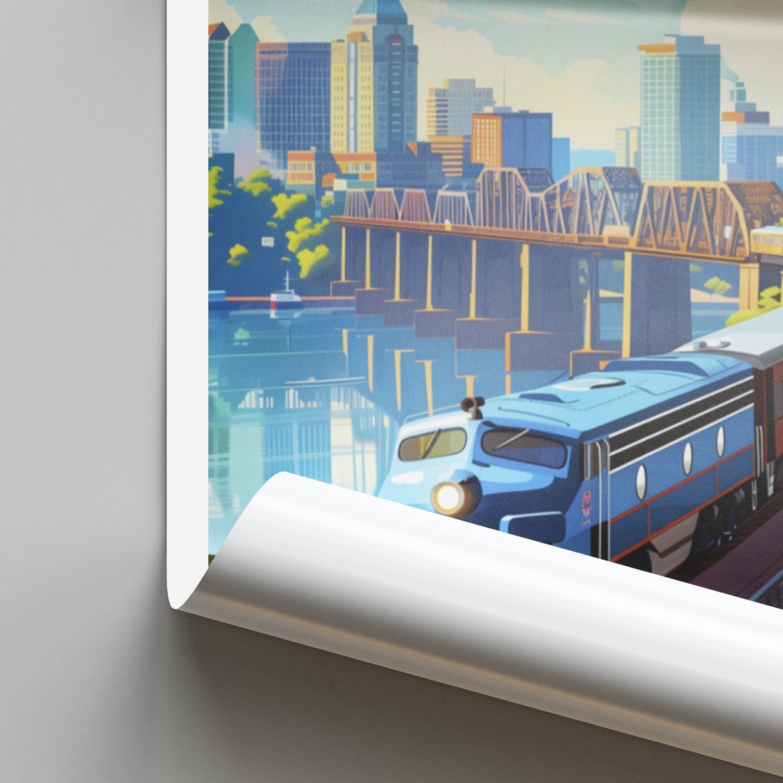 Richmond Blue Train Crossing a Bridge on a Bright Day Poster - Image 2