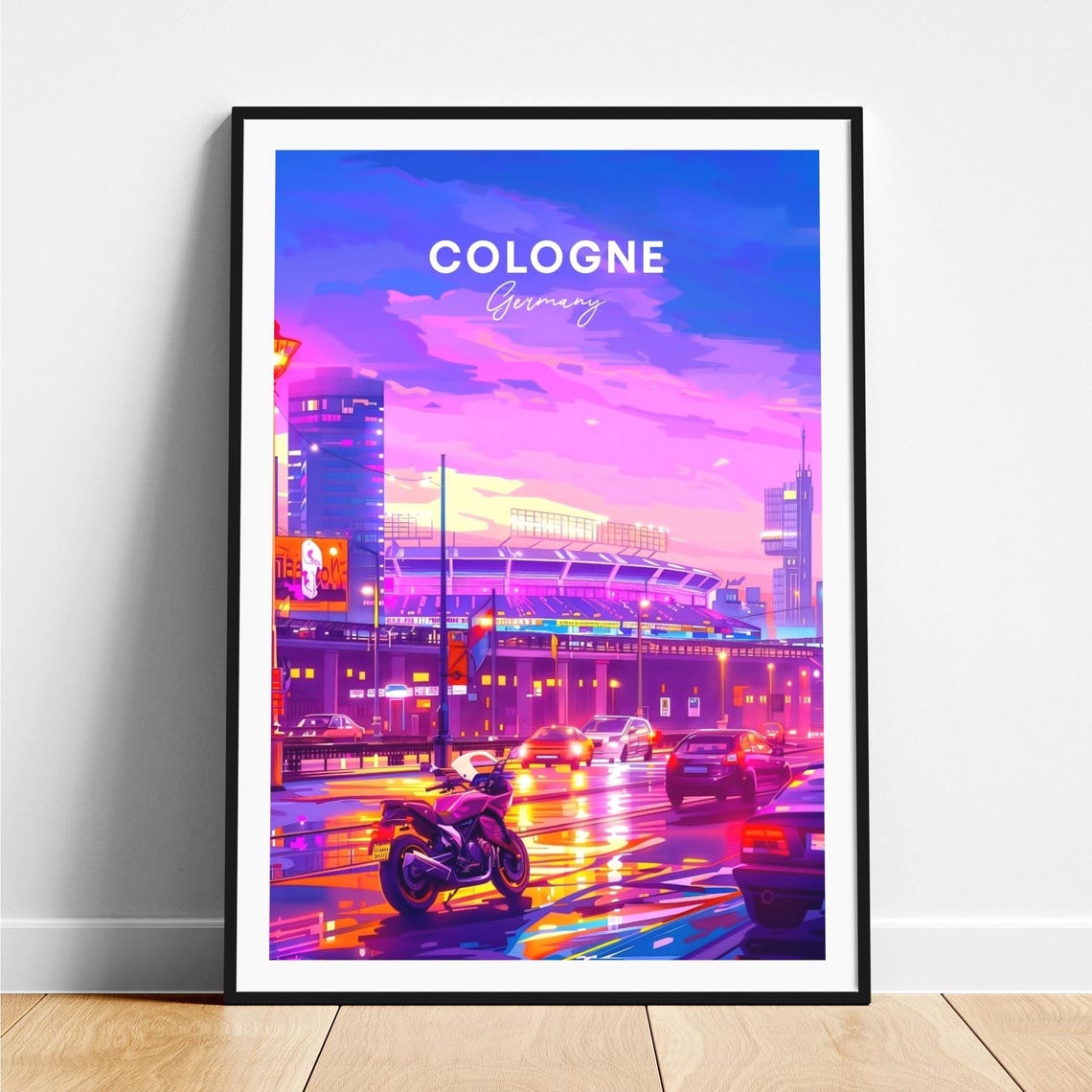 Cologne Neon Night Stadium City Lights Germany Travel Poster