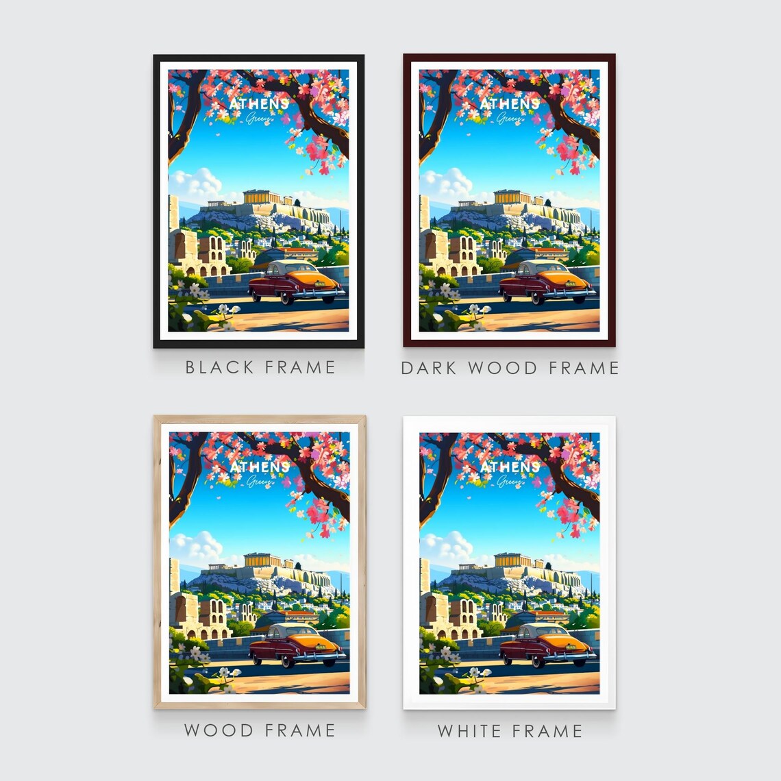Athens Greece Acropolis Vintage Car Cherry Blossom View Travel Poster - Image 3