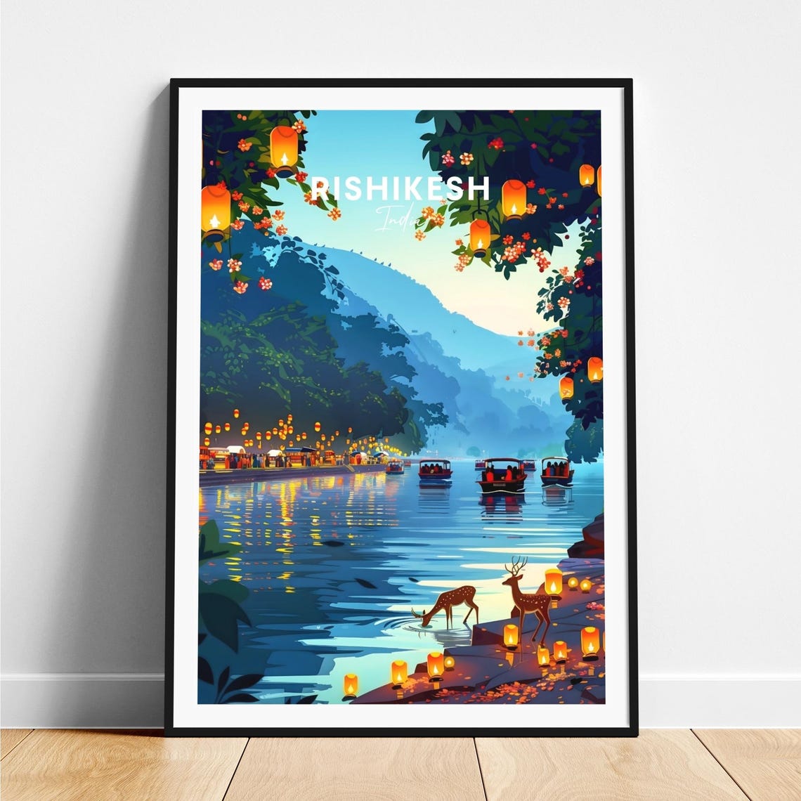 Rishikesh India Evening River Lanterns Deer and Boats Poster