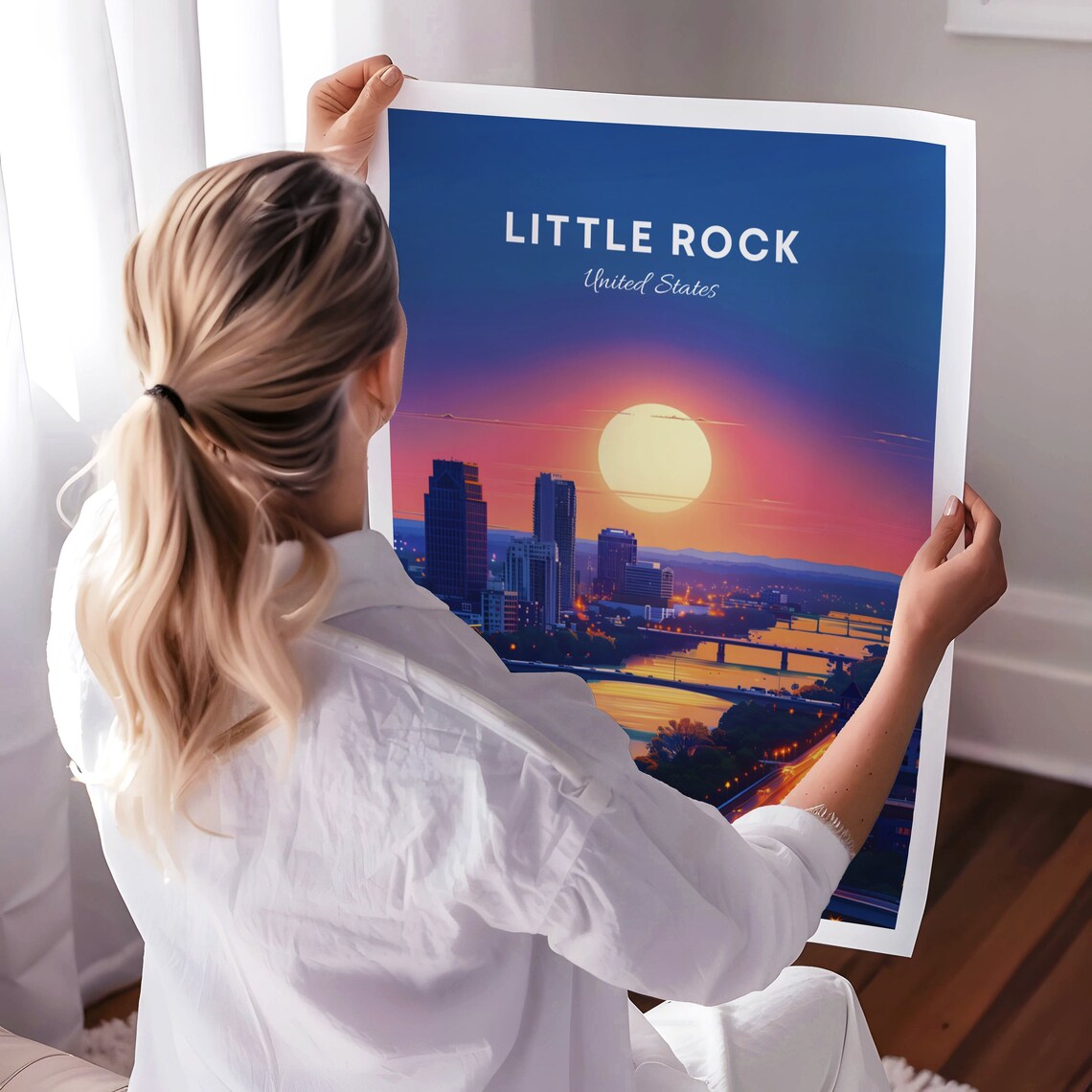 Little Rock Sunset Skyline Over the River with a City Glow Poster - Image 3