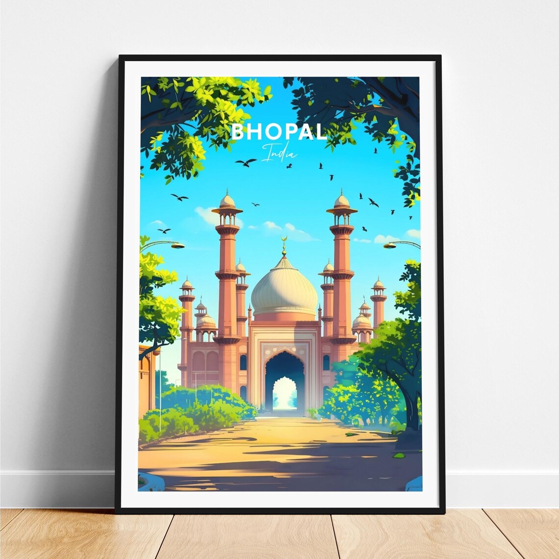 Bhopal Grand Mosque White Dome Tall Minarets India Travel Poster