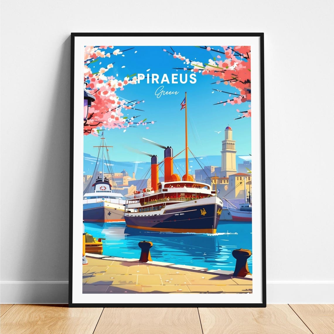 Piraeus Greece Vintage Ocean Liner Harbor Blossom Scene Travel Poster