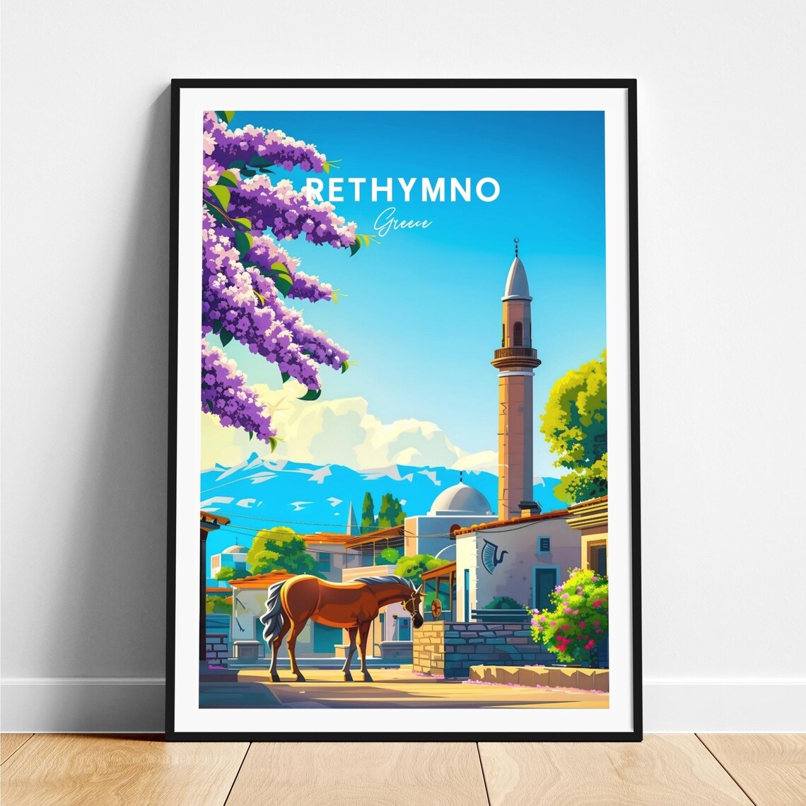 Rethymno Greece Historic Minaret Horse Blossom Travel Poster