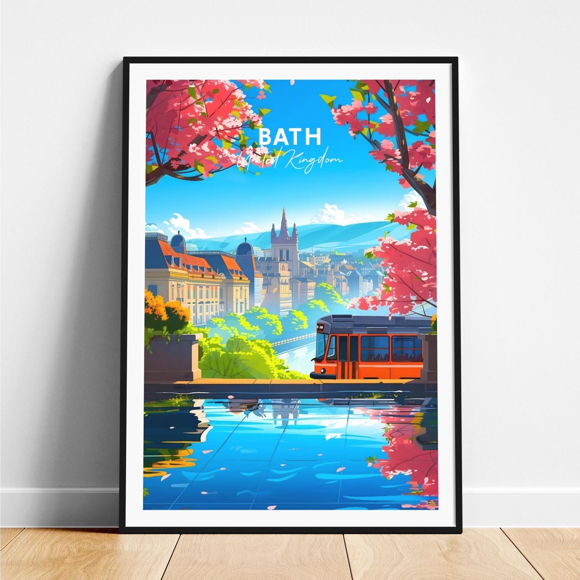 Bath England City View Tram Cherry Blossom River Travel Poster