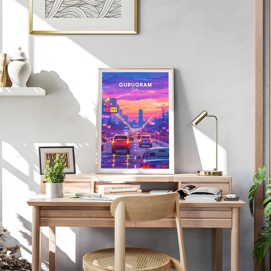Gurugram India Highway Traffic at Dusk in Neon Glow Travel Poster - Image 4