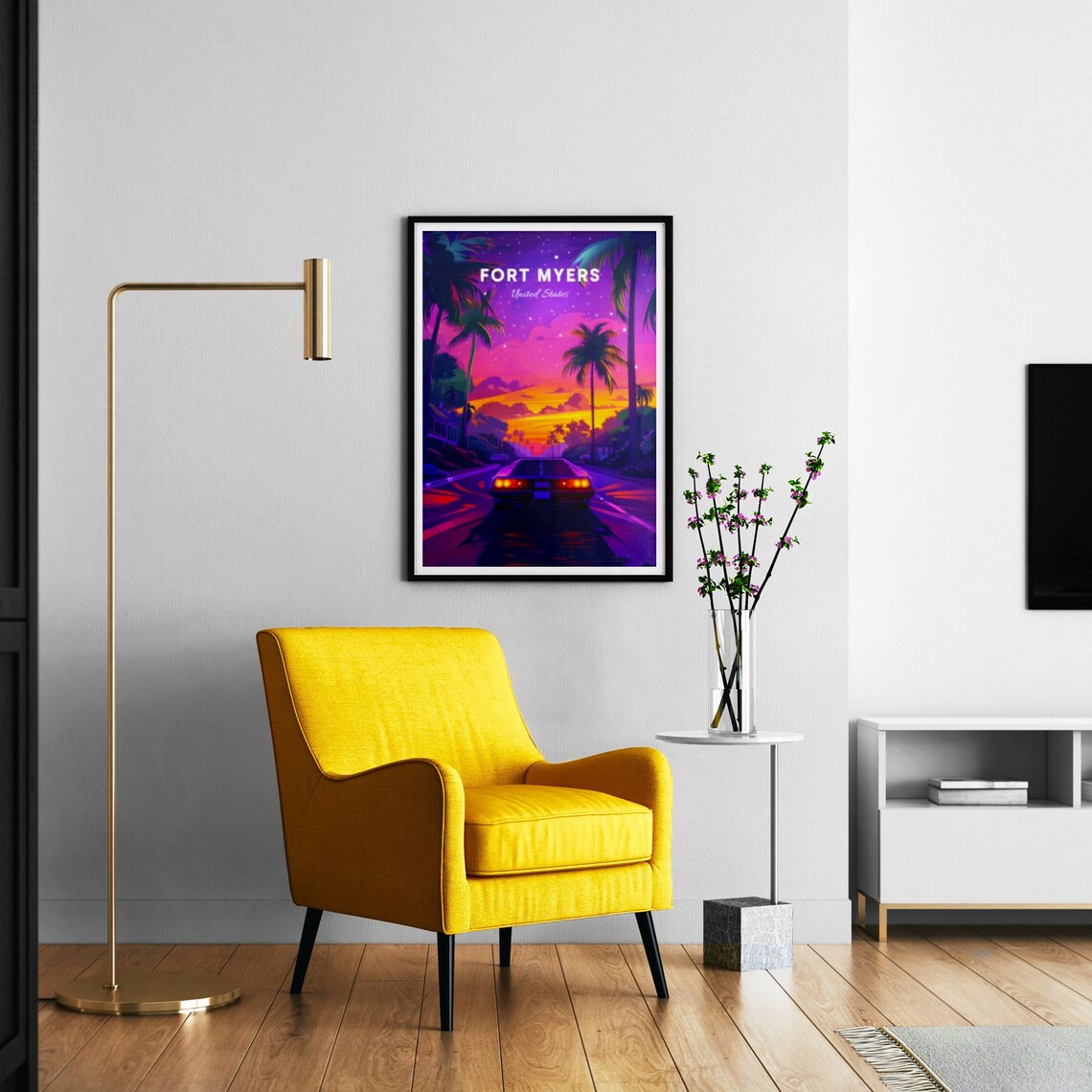 Fort Myers Florida Neon Sunset Classic Car Drive Travel Art Poster - Image 3
