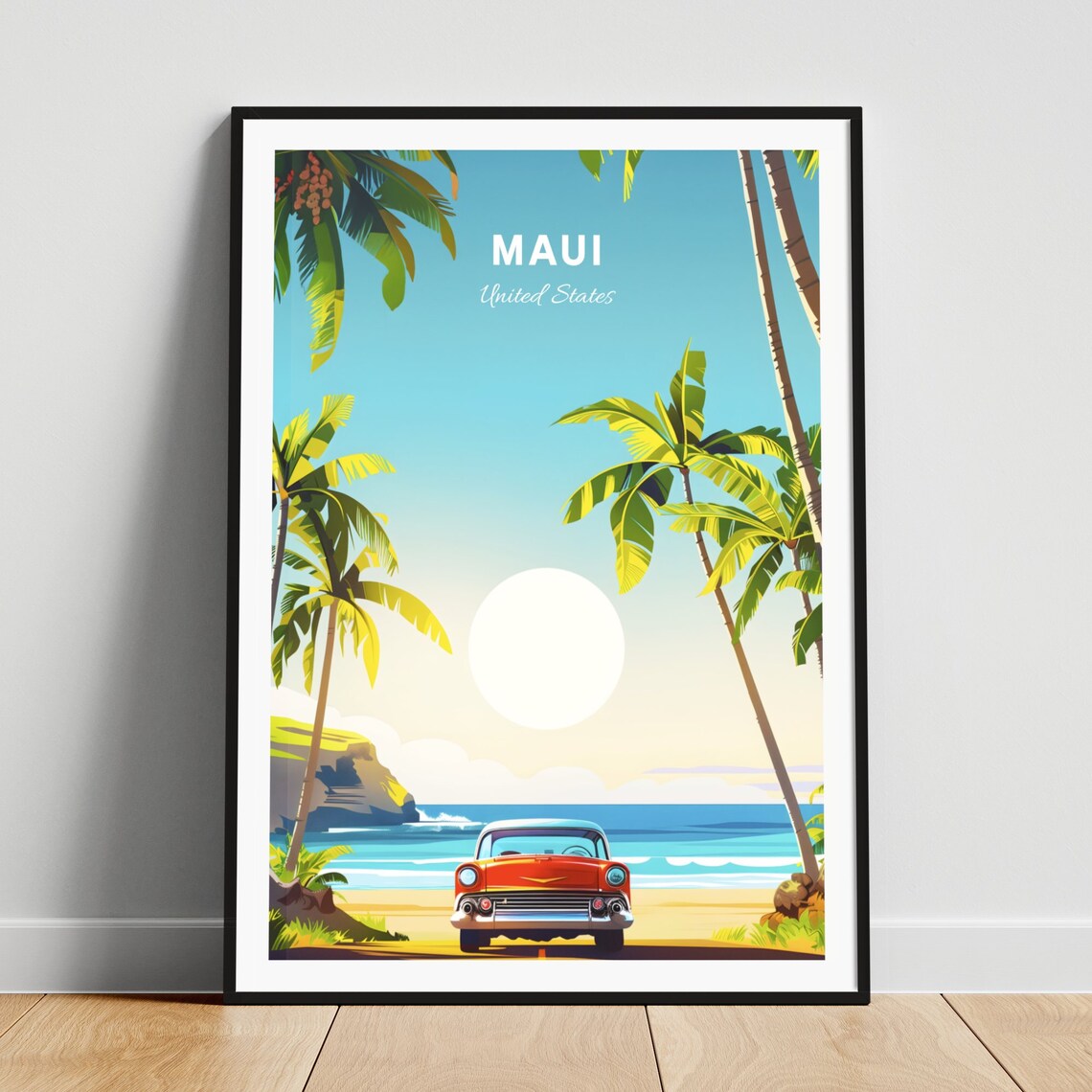 Maui Hawaii Red Classic Car Parked on Palm Beach Travel Poster