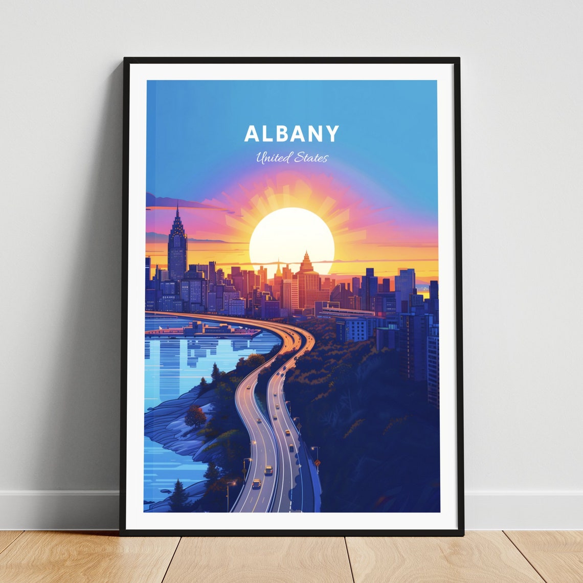 Albany New York Sunburst Skyline Highway Sunset Vintage Travel Poster
