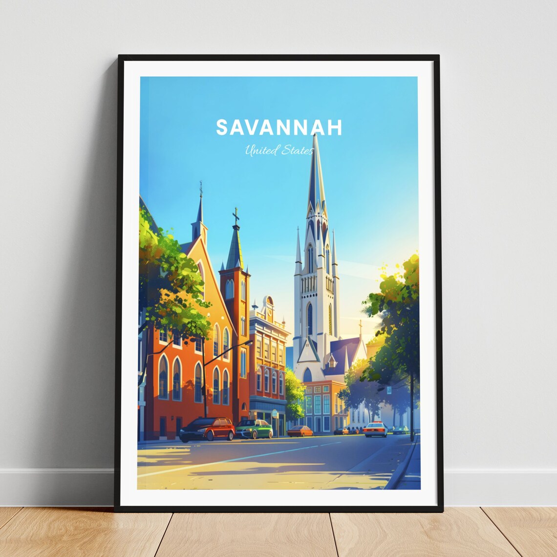 Savannah Church Spires Sunny Historic Street Vintage Travel Poster