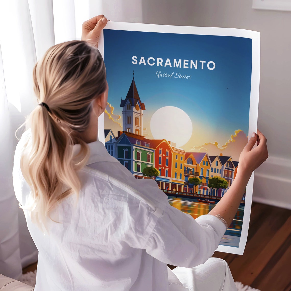 Sacramento Waterfront at Sunset Clock Tower Colorful View Poster - Image 3