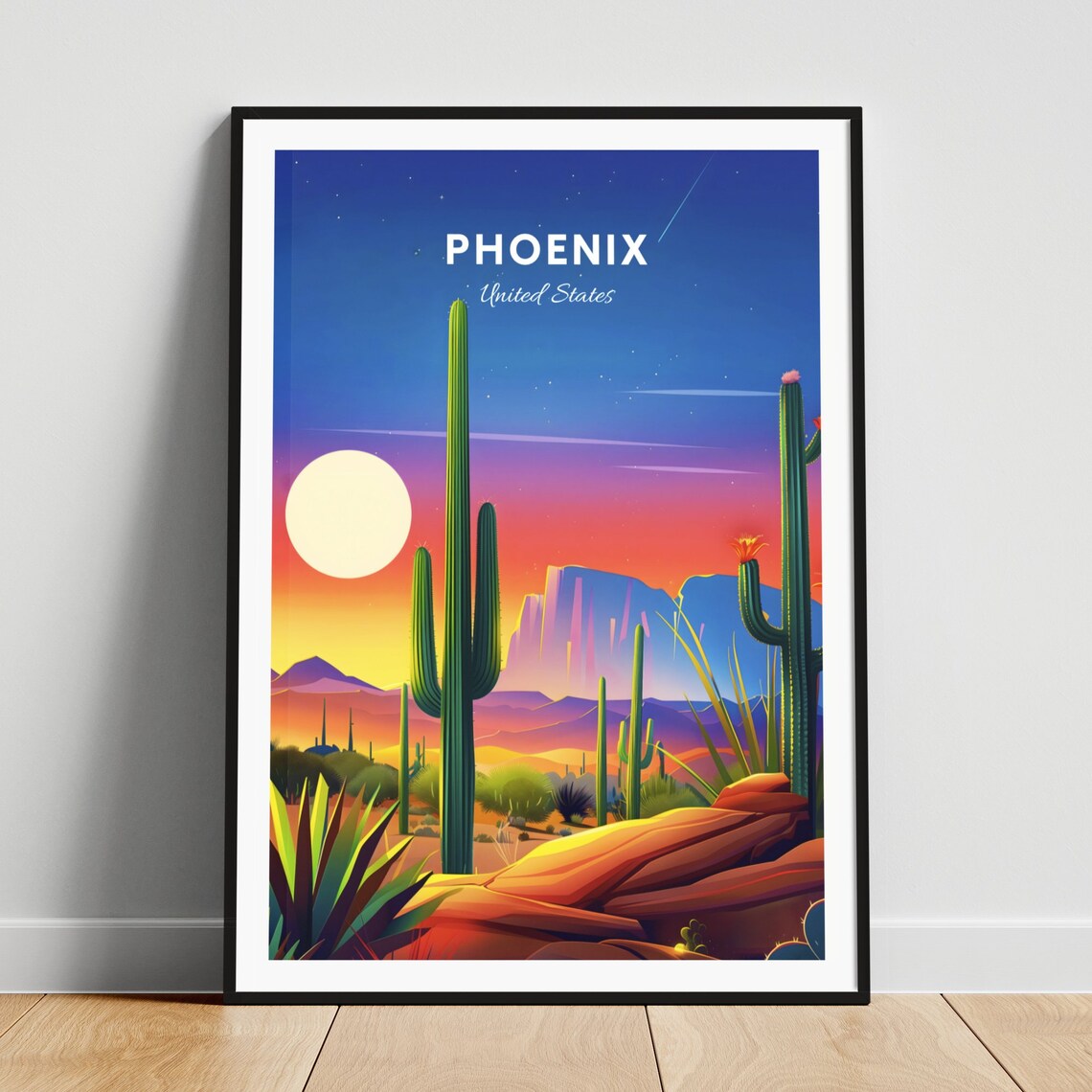 Phoenix Arizona Starry Night Desert Cactus Retro Travel Poster