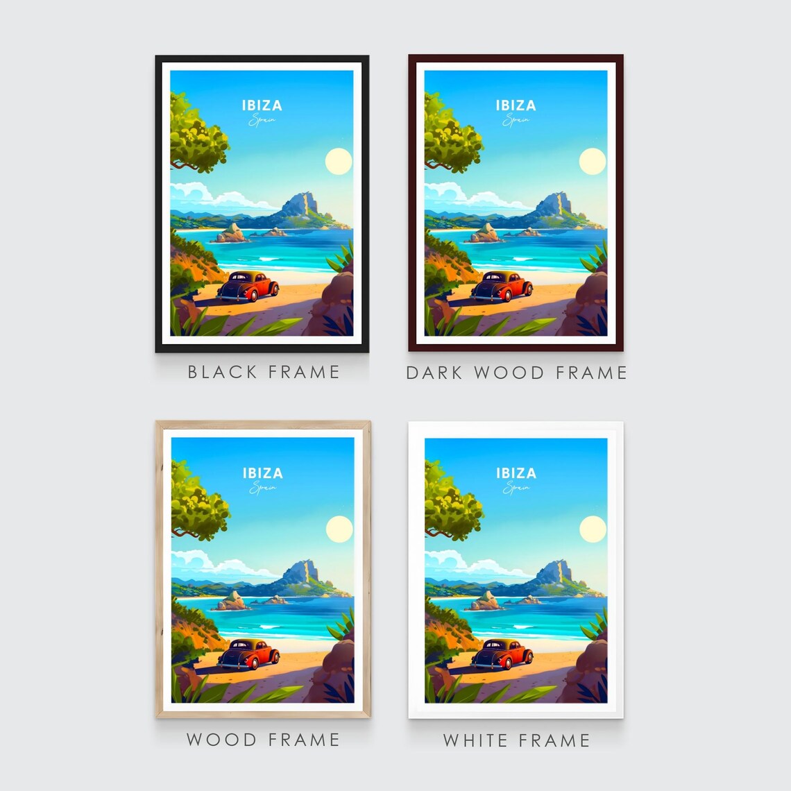 Ibiza Spain Vintage Red Car Beach Turquoise Bay Rocky Islets Poster - Image 3