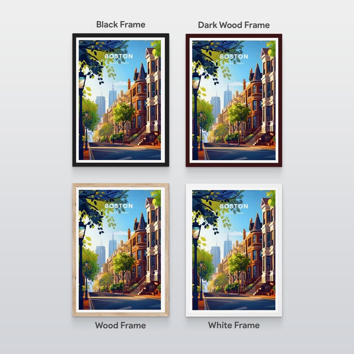 Boston Historic Townhouse Street Skyline View Vintage Travel Poster - Image 2