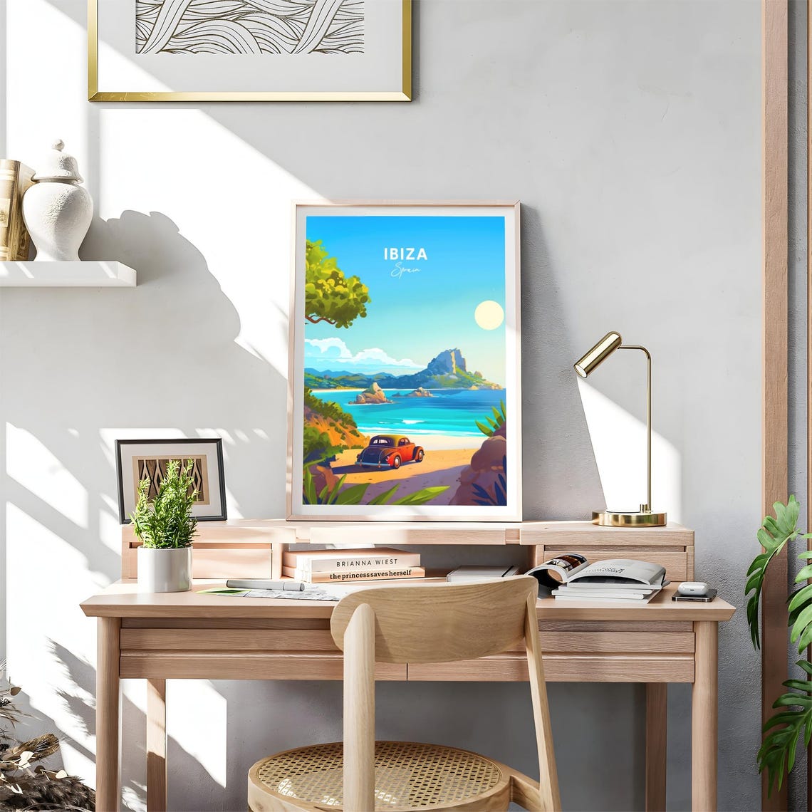 Ibiza Spain Vintage Red Car Beach Turquoise Bay Rocky Islets Poster - Image 4