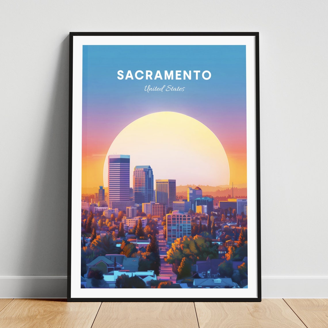 Sacramento City Skyline at Sunset Giant Sun Orange Trees Poster
