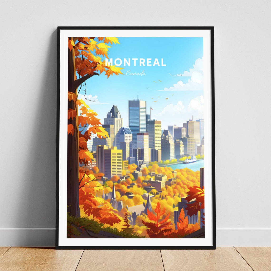 Montreal Canada Downtown Autumn Skyline Maple Leaves River Poster