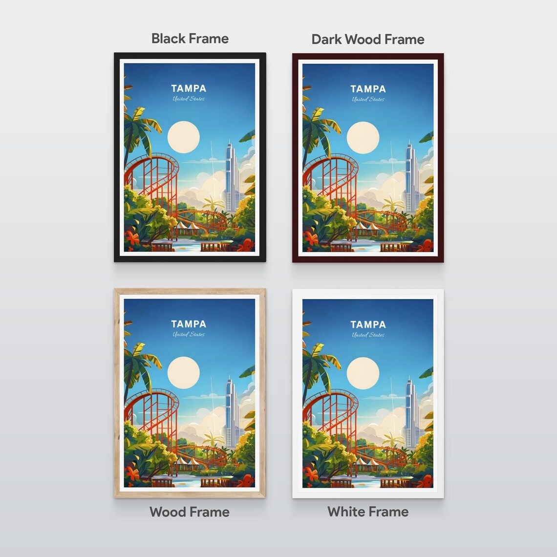 Tampa Florida Roller Coaster Amusement Park Sunny Day Travel Poster - Image 2