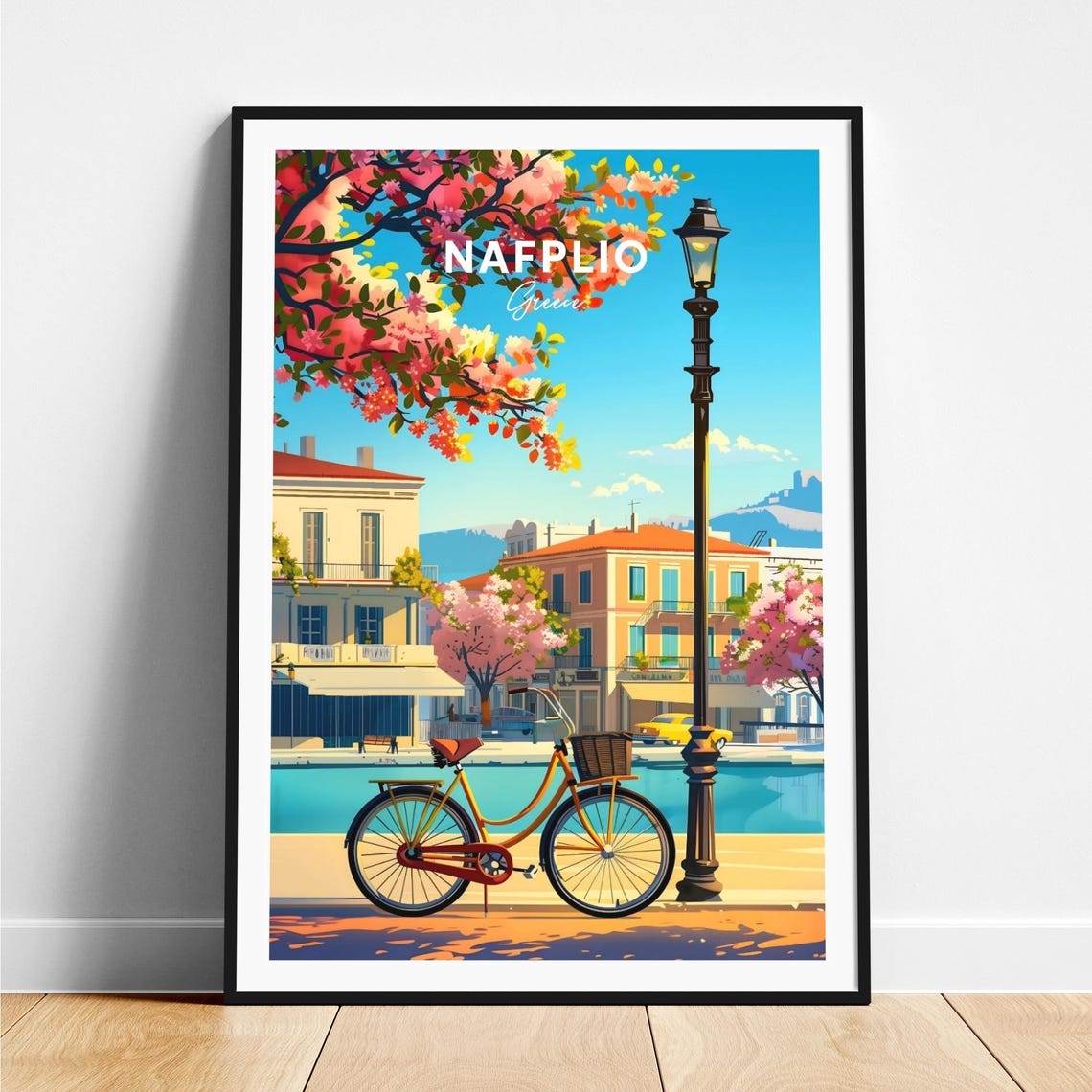Nafplio Greece Yellow Bicycle Spring Blossom Waterfront Travel Poster