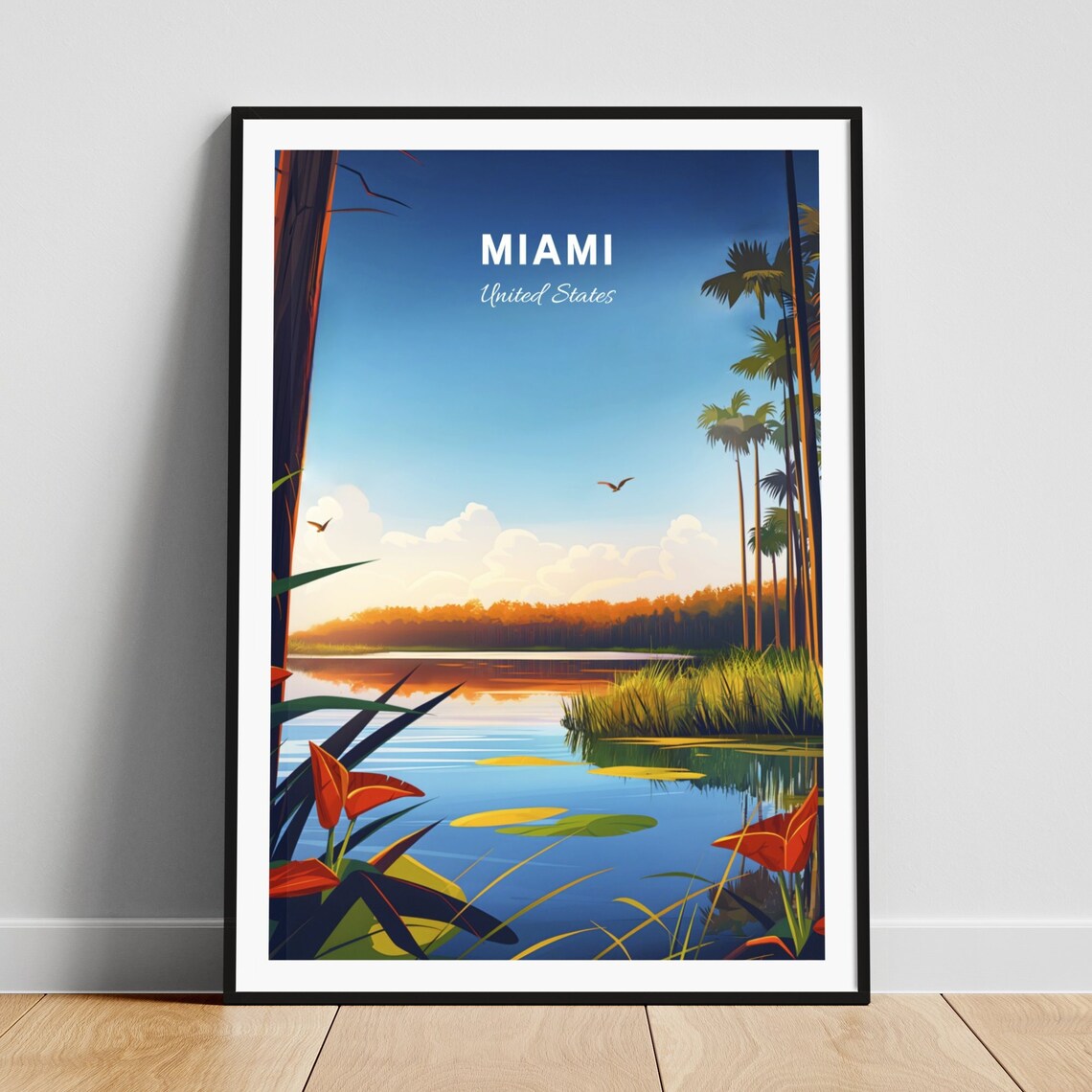 Miami Florida Wetland Lake Palms Birds Sunset Nature Travel Poster