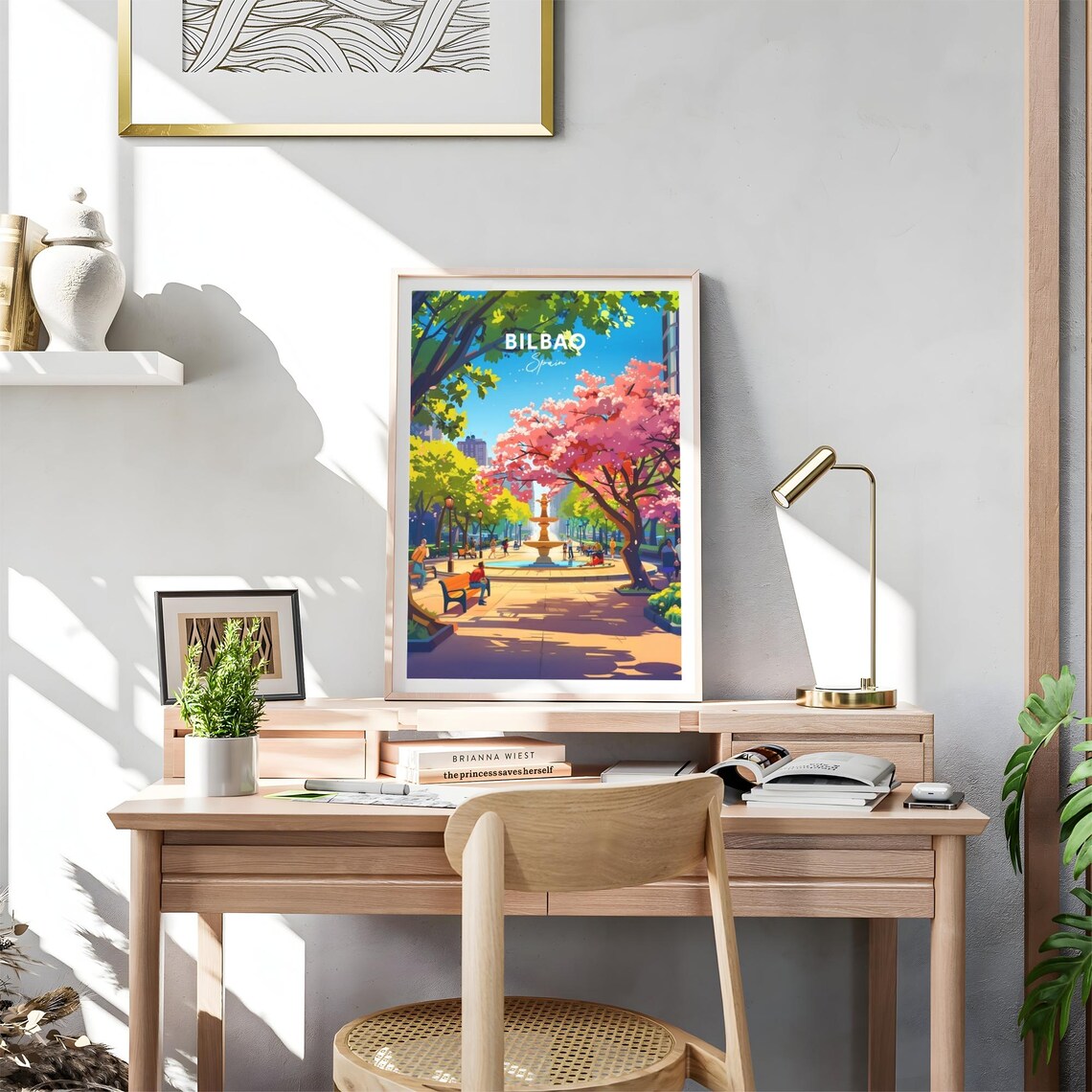 Bilbao Sunny Park Fountain Pink Blossom Trees City Life Travel Poster - Image 4