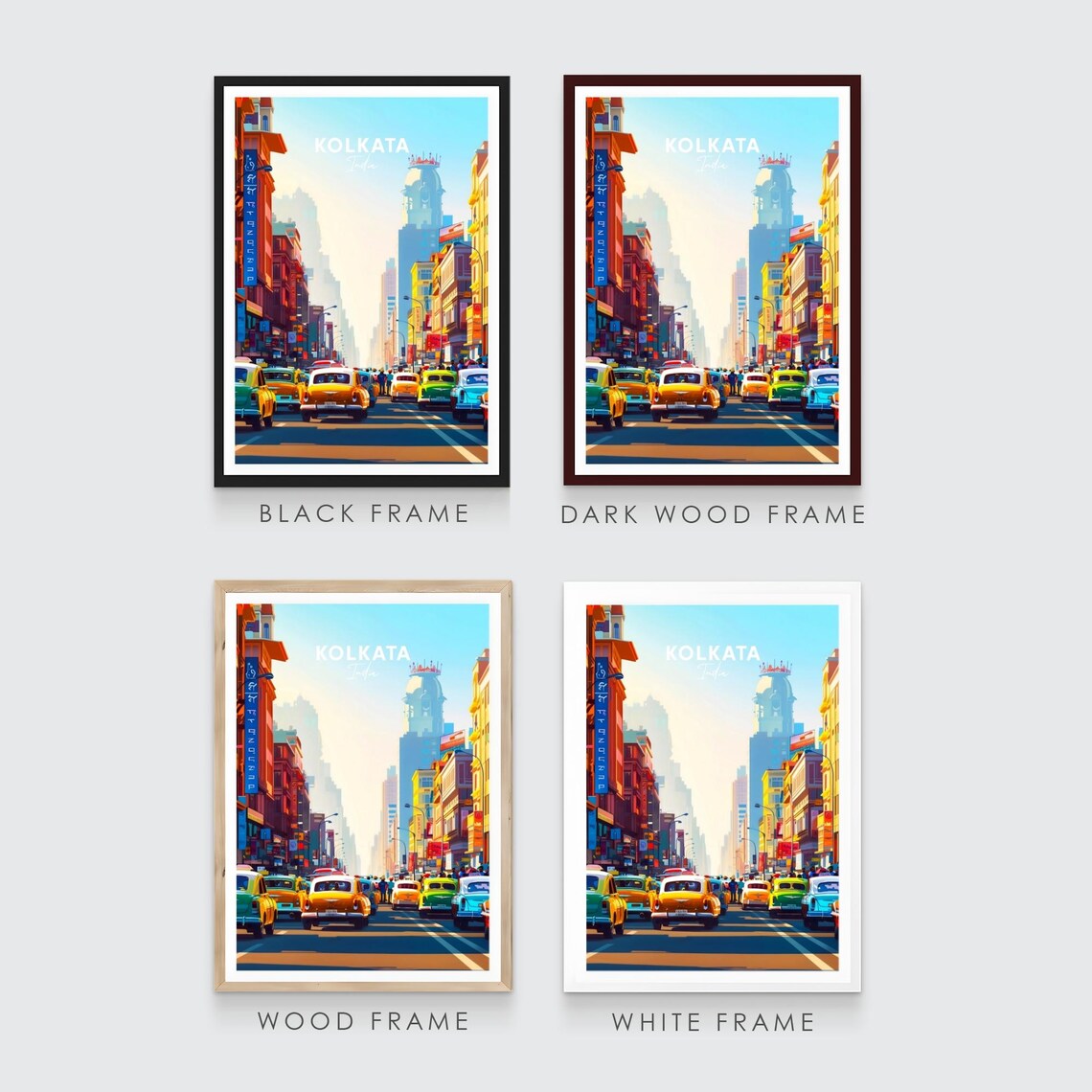 Kolkata India Classic Yellow Taxis on Busy Street Travel Poster - Image 3