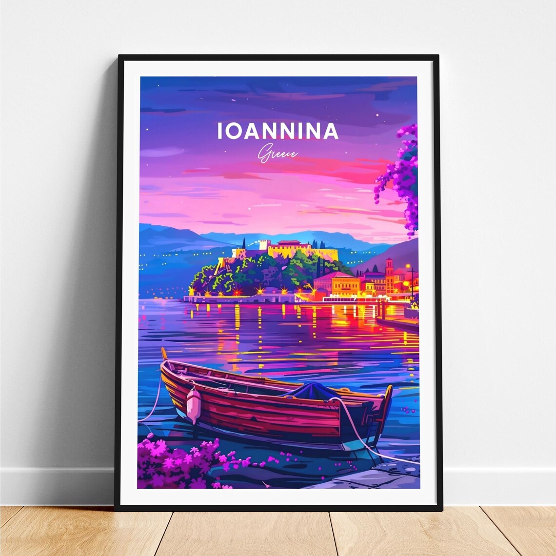 Ioannina Greece Castle Town Night Lake Boat Travel Art Poster