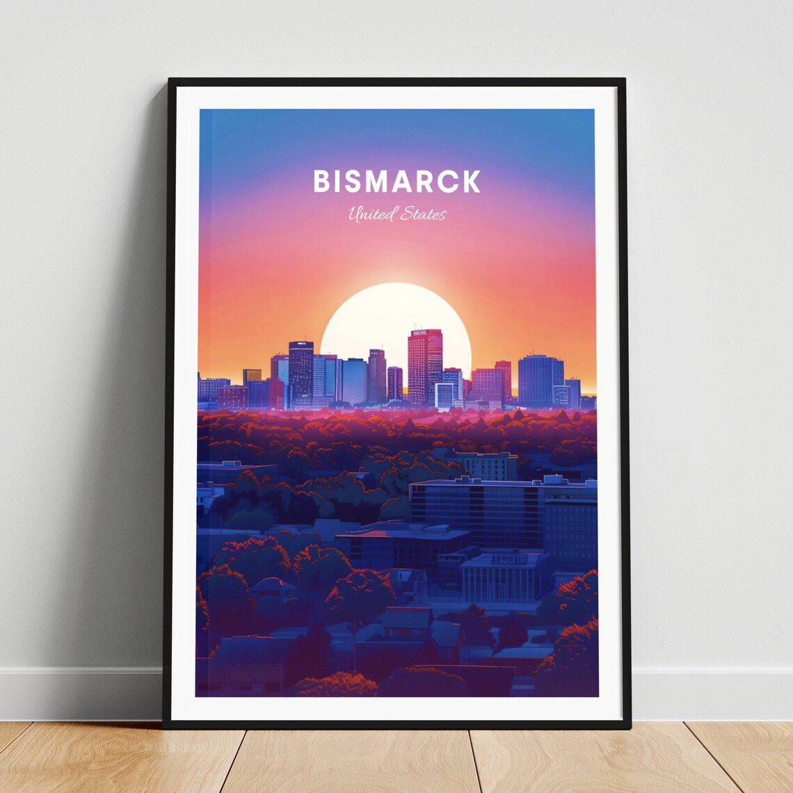 Bismarck North Dakota Sunset Skyline Giant Sun Treetops Travel Poster
