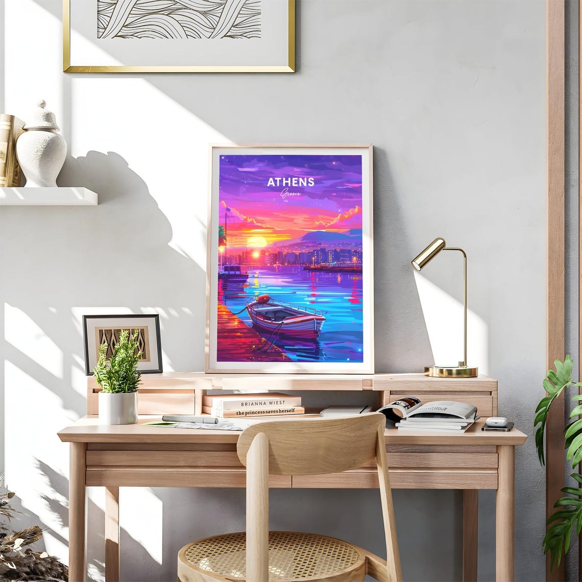 Athens Greece Neon Sunset Harbor Boat Glowing Water Travel Poster - Image 4
