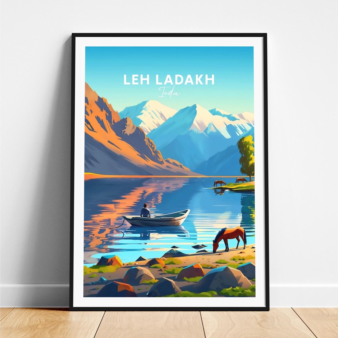 Leh Ladakh India Mountain Lake Boat Horses Travel Poster Art
