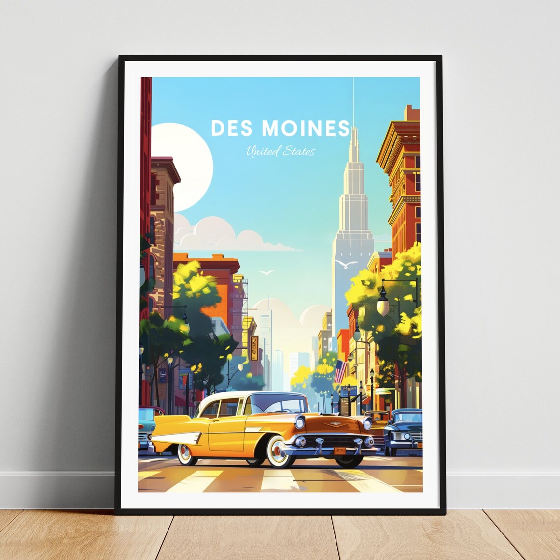 Des Moines Vintage Street With Classic 1950s Car Travel Poster