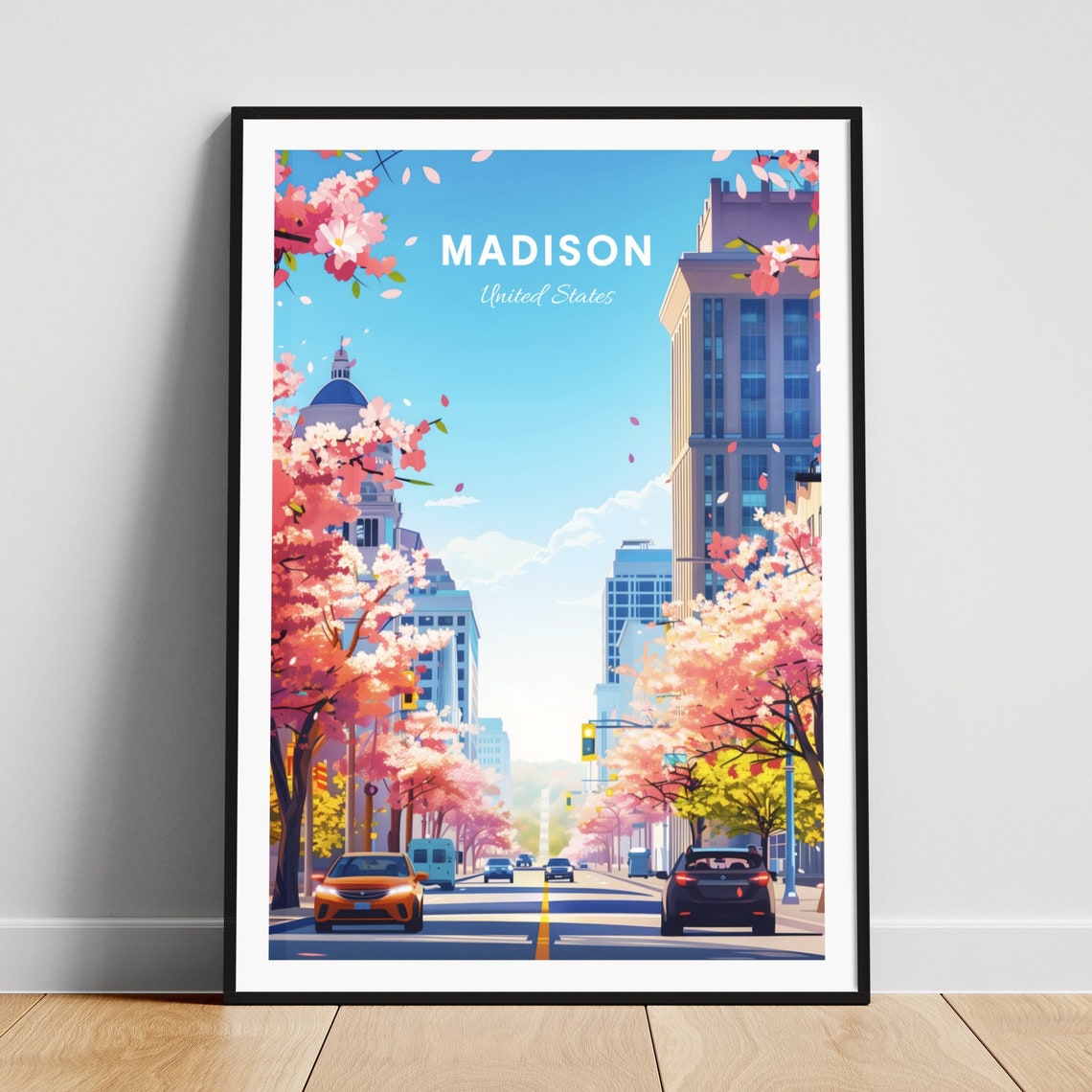 Madison Spring Blossom Poster: Cherry Trees Lining a Downtown Street