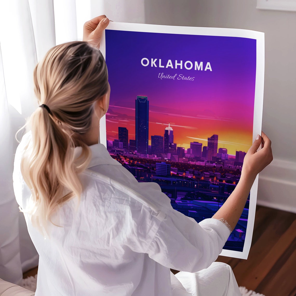 Oklahoma Sunset Downtown Skyline Purple Orange Glow Travel Poster - Image 3