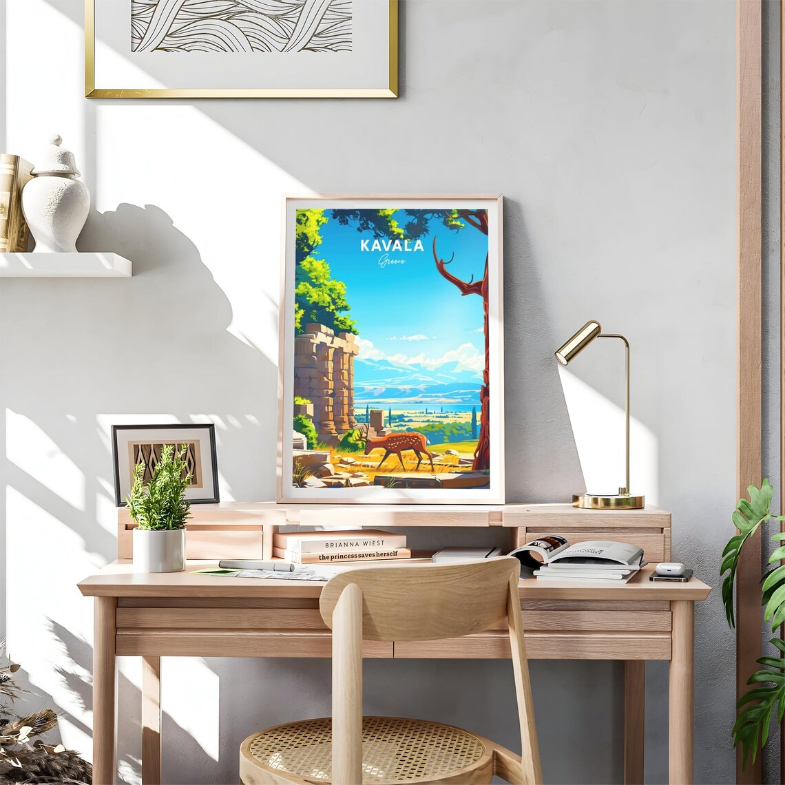 Kavala Greece Deer Ancient Stone Ruins Valley Travel Art Poster - Image 4