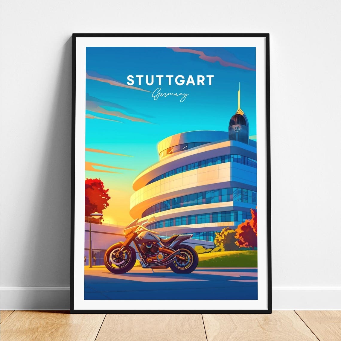 Stuttgart Modern Museum Building Motorcycle Germany Travel Poster