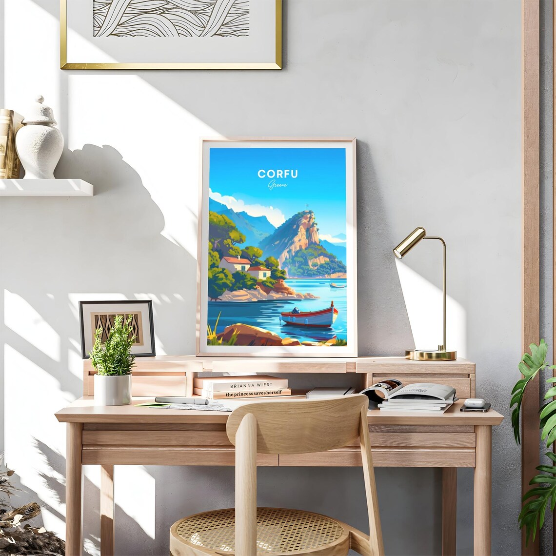 Corfu Greece Rocky Coastal Cove with Boats and Cliff Peak Poster - Image 4