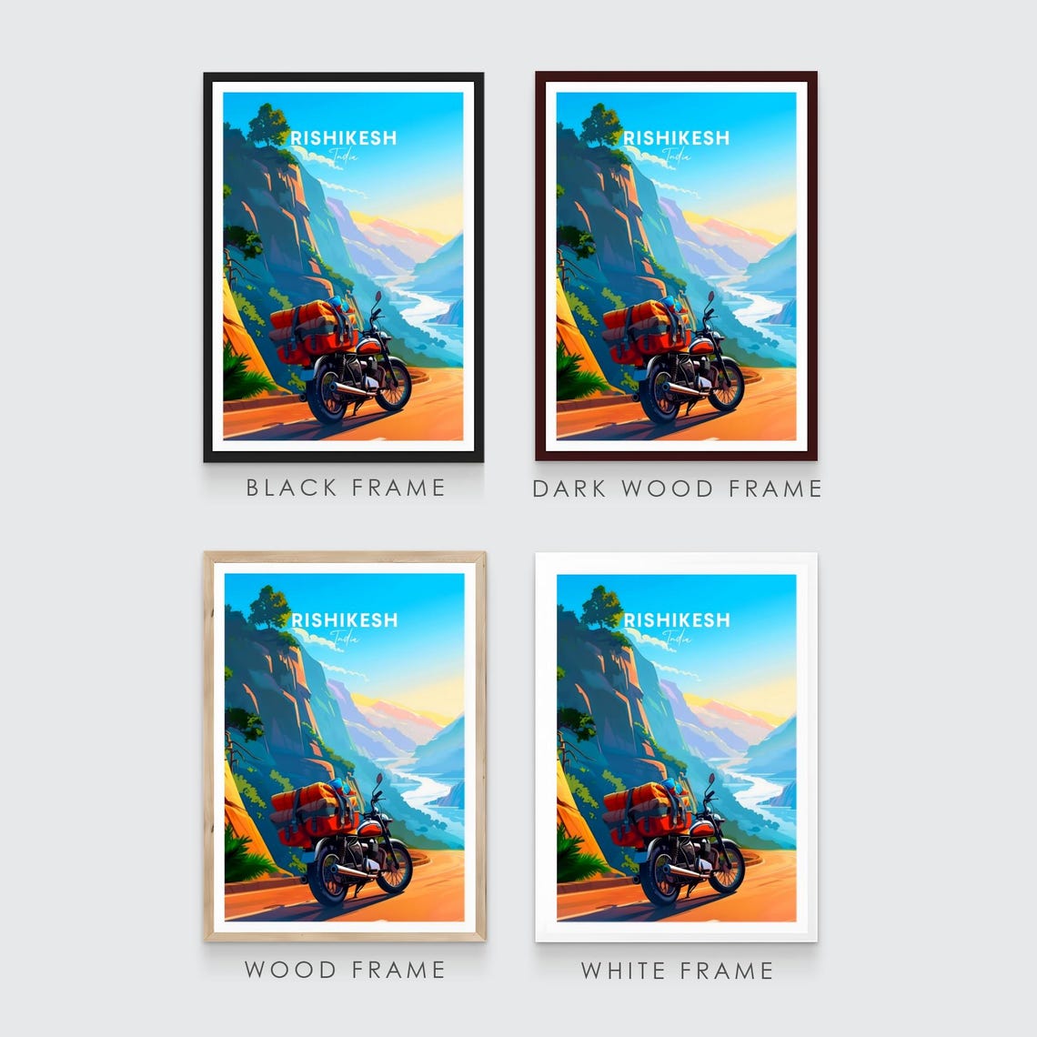 Rishikesh India Motorcycle on Cliff Road at Sunset Travel Poster - Image 3