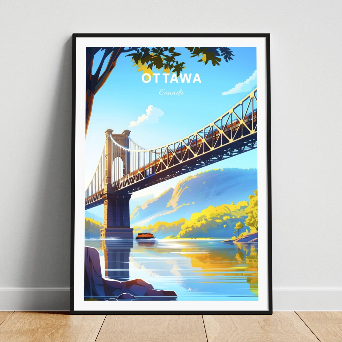 Ottawa Canada Suspension Bridge River Autumn Hills Travel Poster