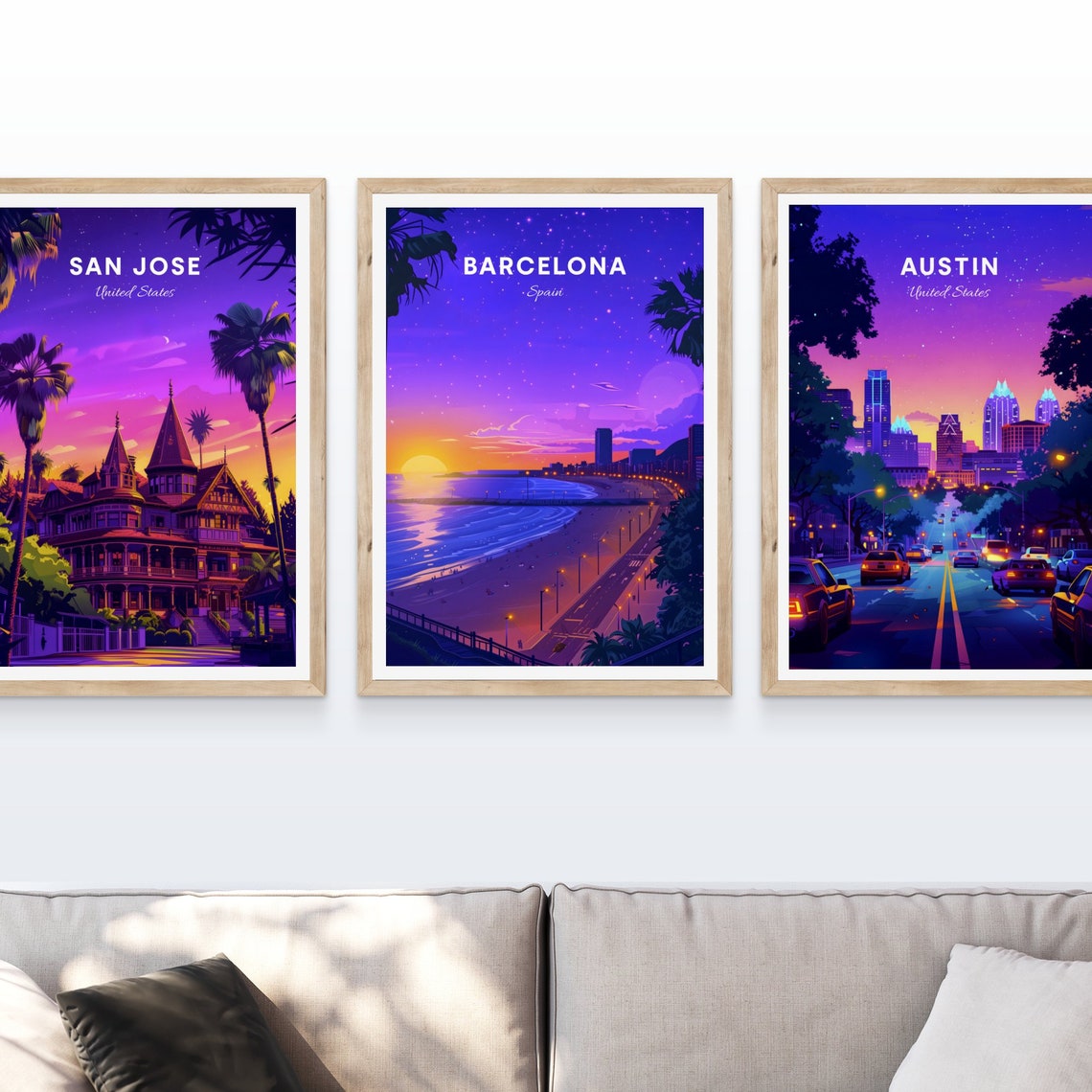 Barcelona Spain Starry Night Beach Purple Sky Glow Travel Poster - Image 4