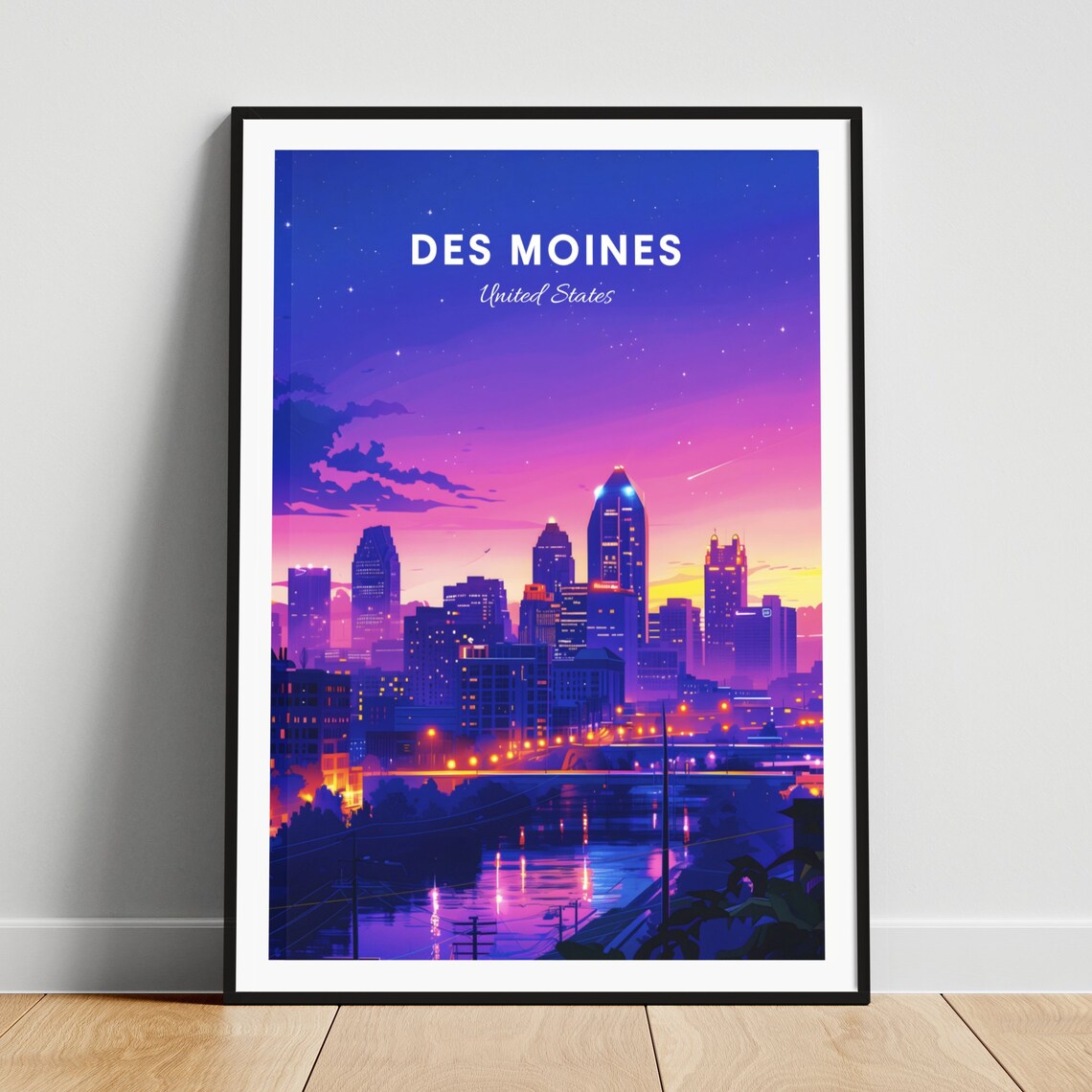 Des Moines Night Skyline Starry Purple Sky River Lights Travel Poster