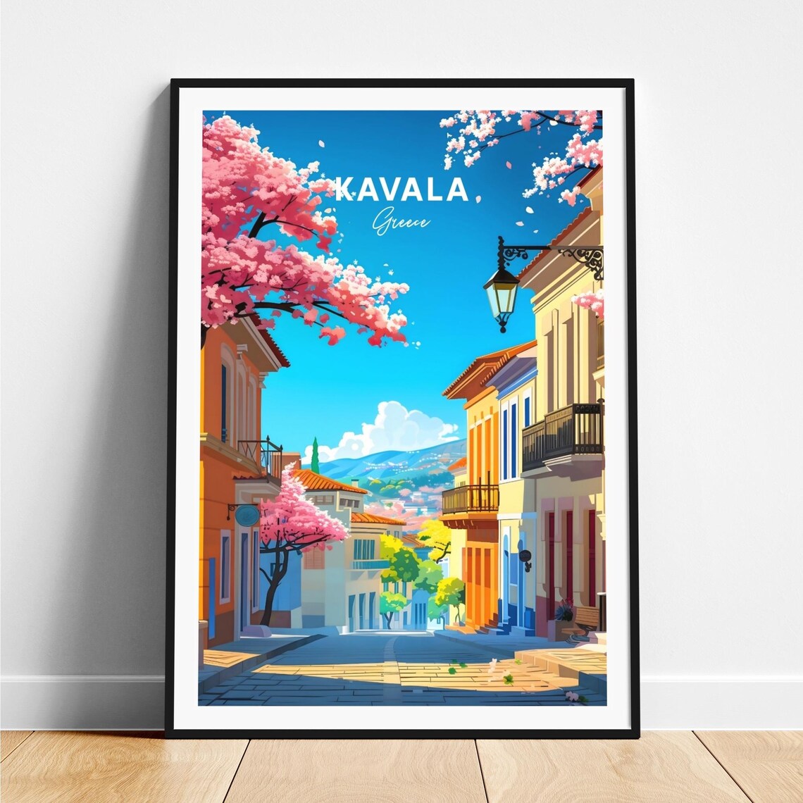 Kavala Greece Old Town Cobblestone Street with Cherry Blossoms Poster