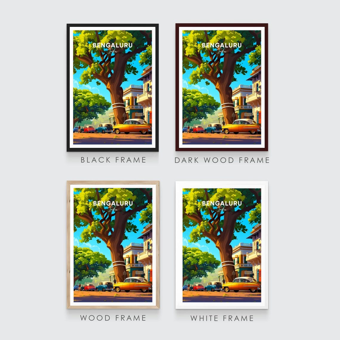 Bengaluru India Vintage Tree Lined Street Classic Cars Poster - Image 3