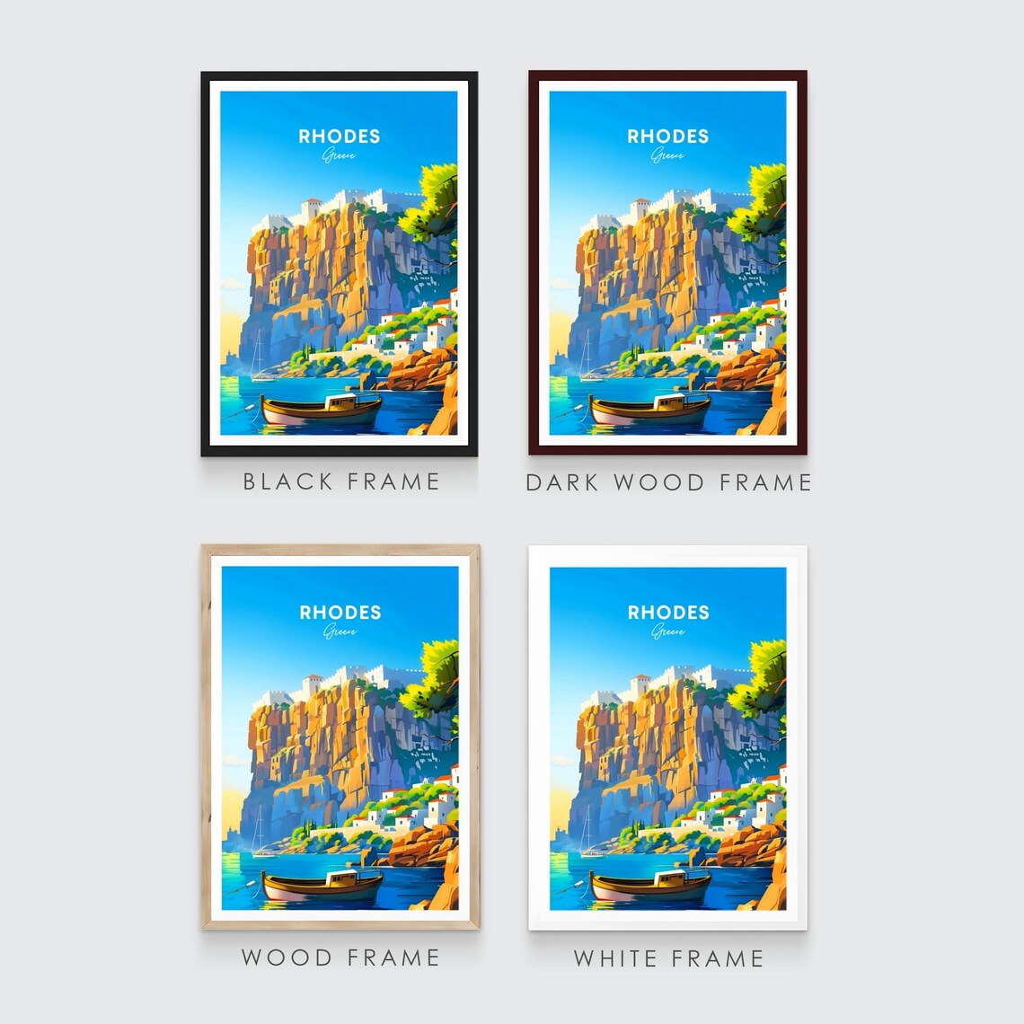Rhodes Greece Cliff Fortress Fishing Boat Cove Harbor Travel Poster - Image 3