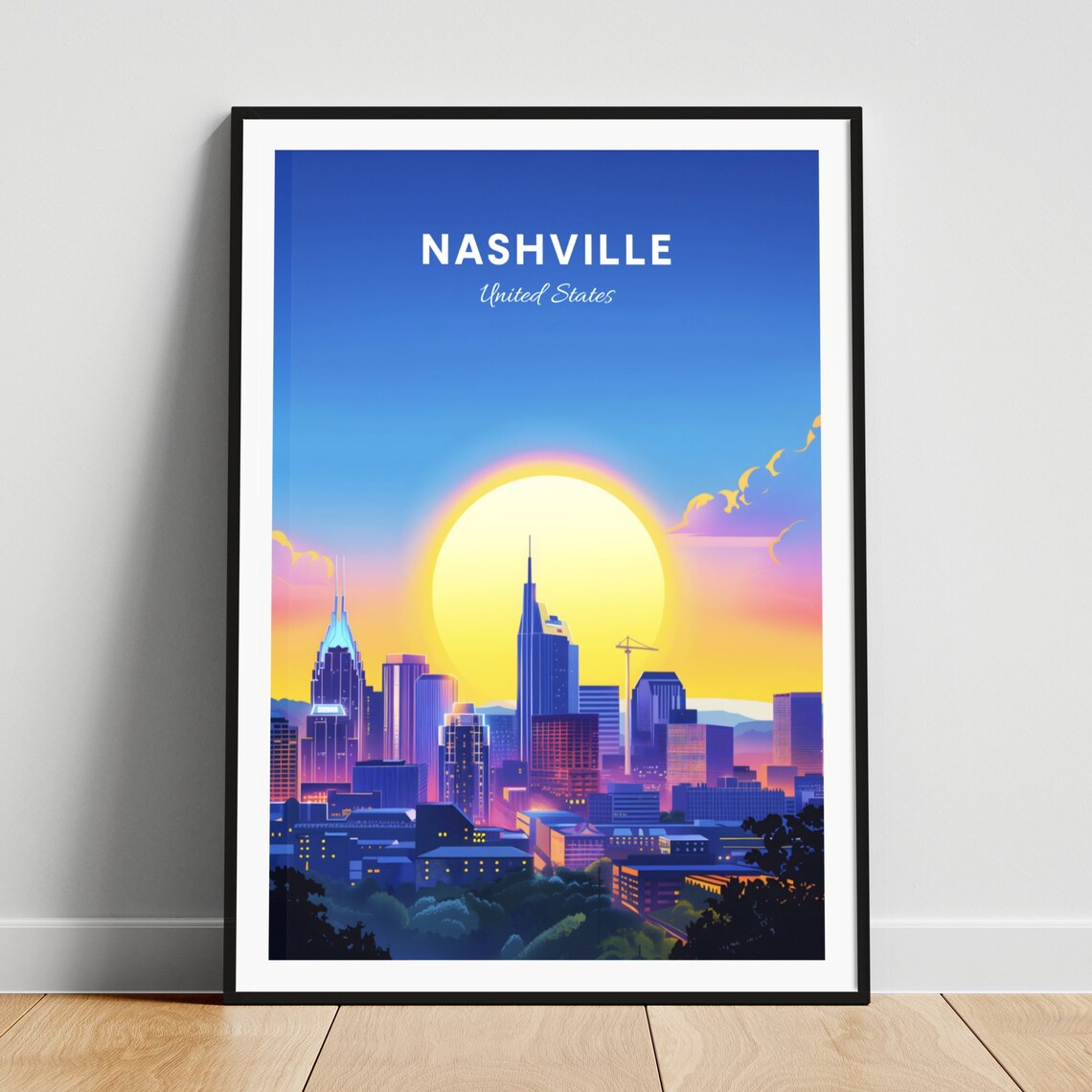 Nashville Tennessee Skyline Golden Sunset Silhouette Art Poster