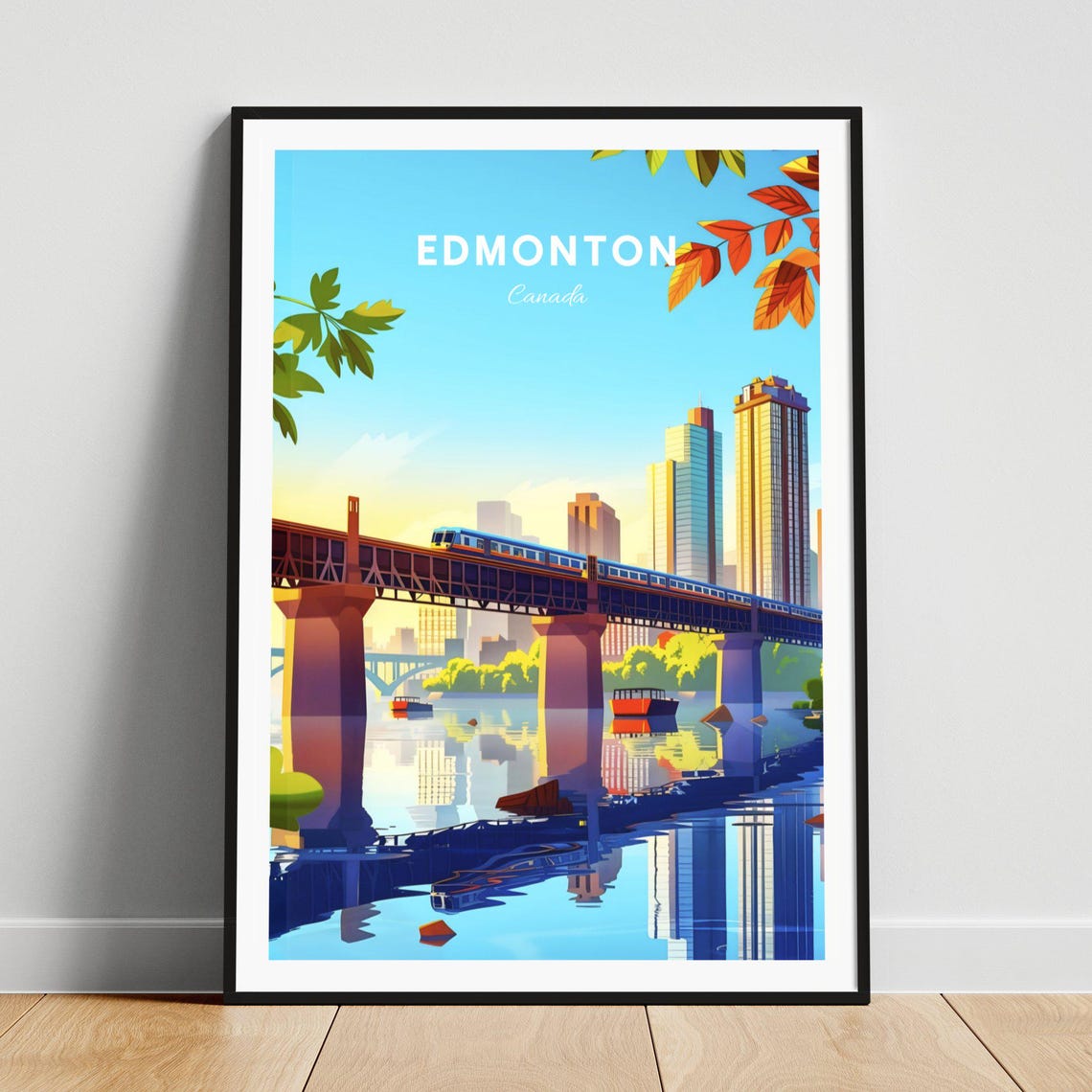 Edmonton Canada Train Bridge Skyline River Reflection Travel Poster