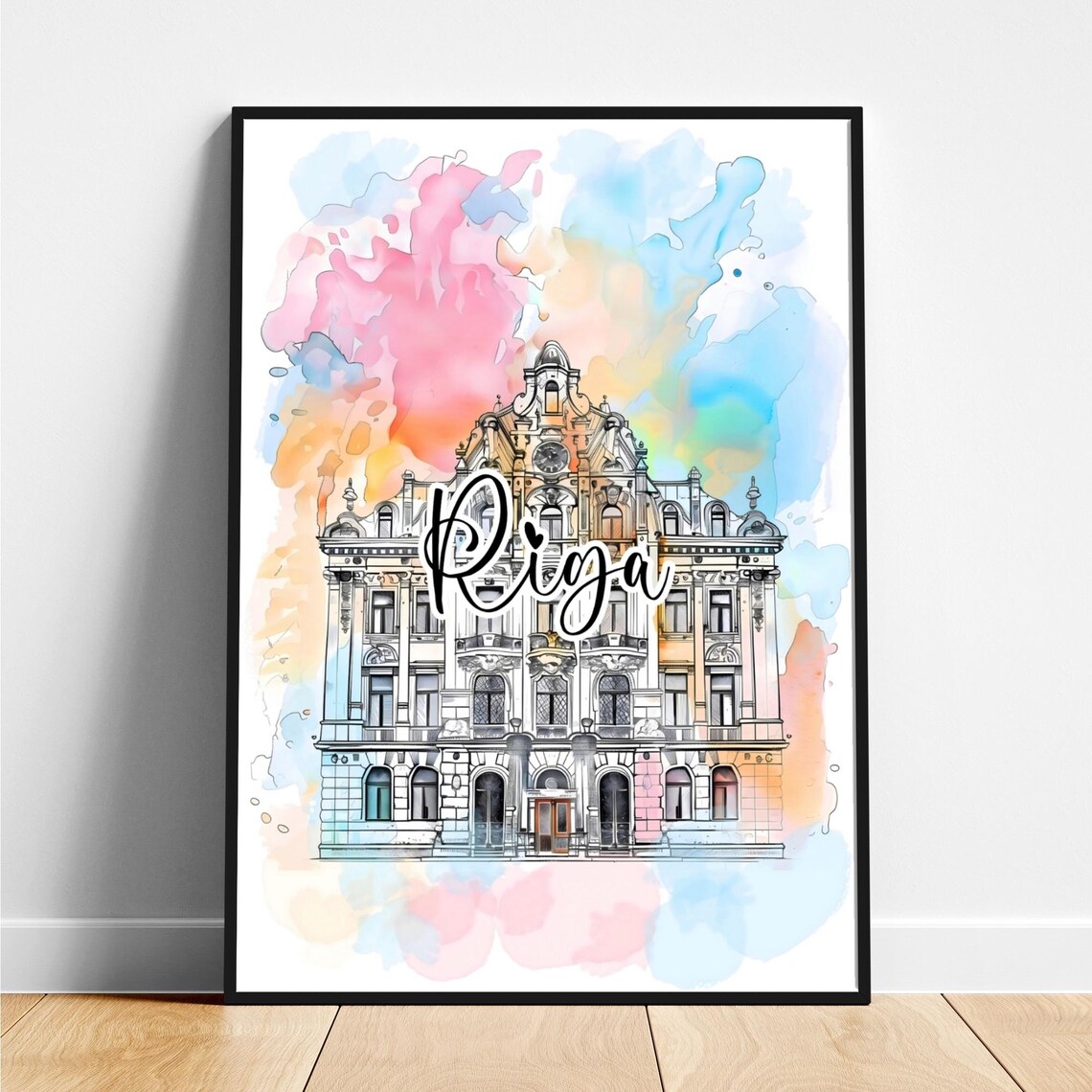 Riga Latvia Historic Old Town Building Watercolor Travel Poster