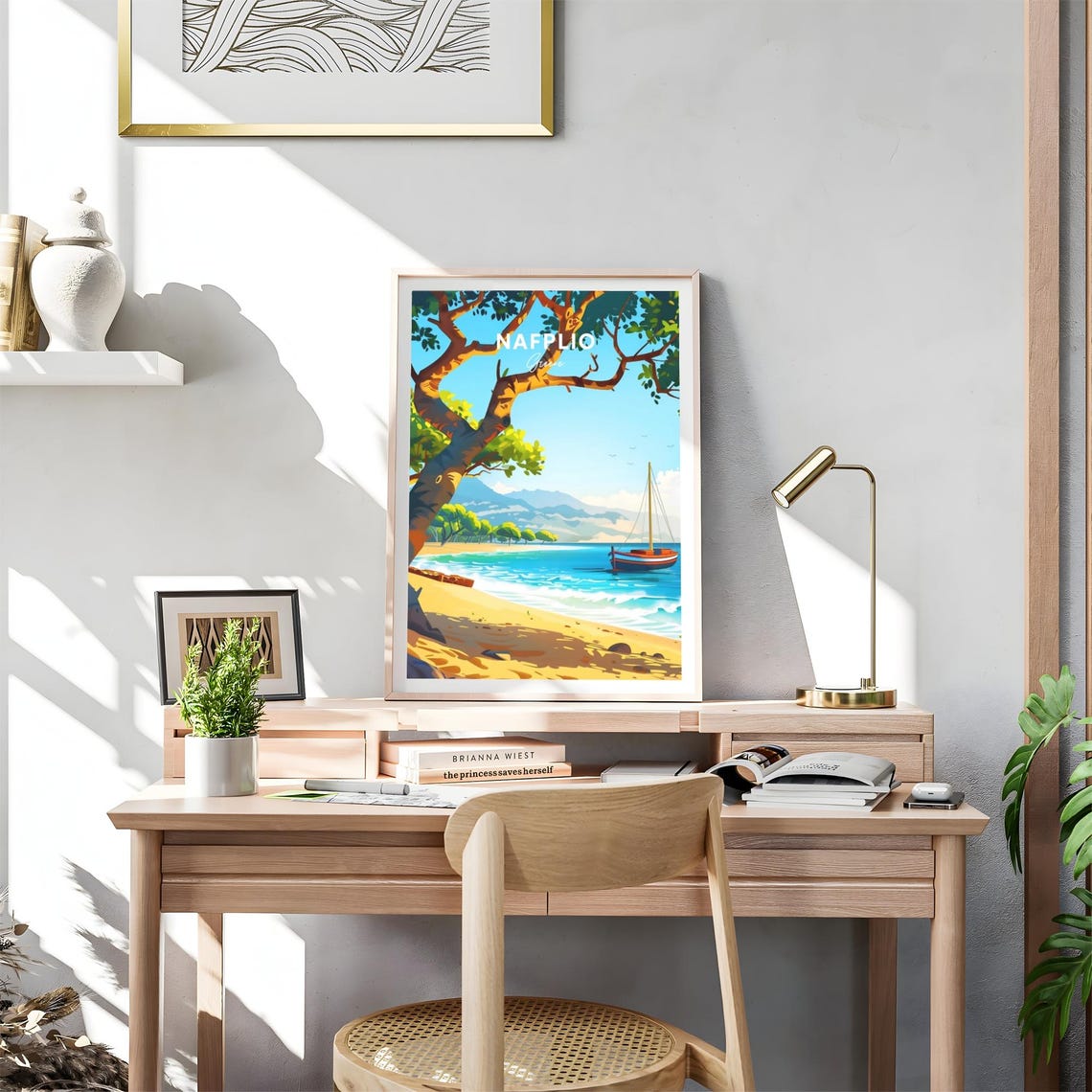 Nafplio Greece Sandy Beach Pine Tree Sailboat Shoreline Travel Poster - Image 4