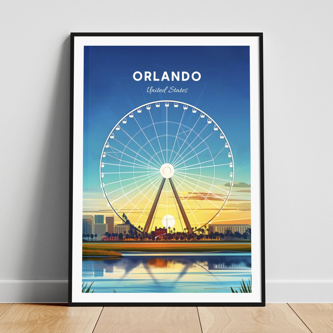 Orlando Ferris Wheel Sunset Over Water Skyline Vintage Travel Poster